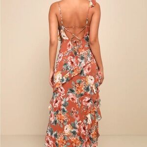 Lulu's Pink and Tan Backless Tiered Sundress for Wedding Guest